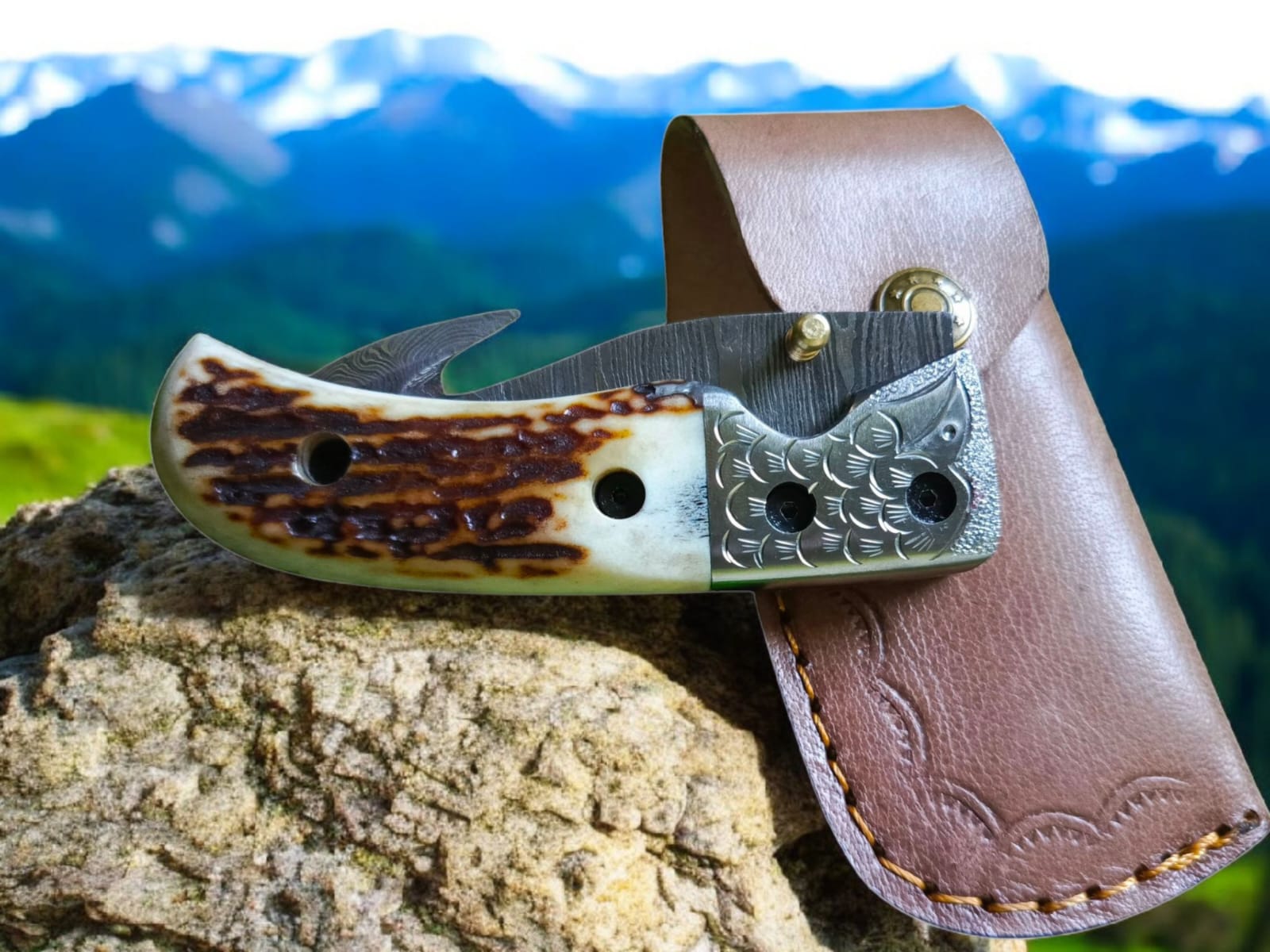 damascus gut hook folding knife with antler handle | engraved hunting & pocket edc blade