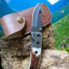 damascus gut hook folding knife with antler handle | engraved hunting & pocket edc blade