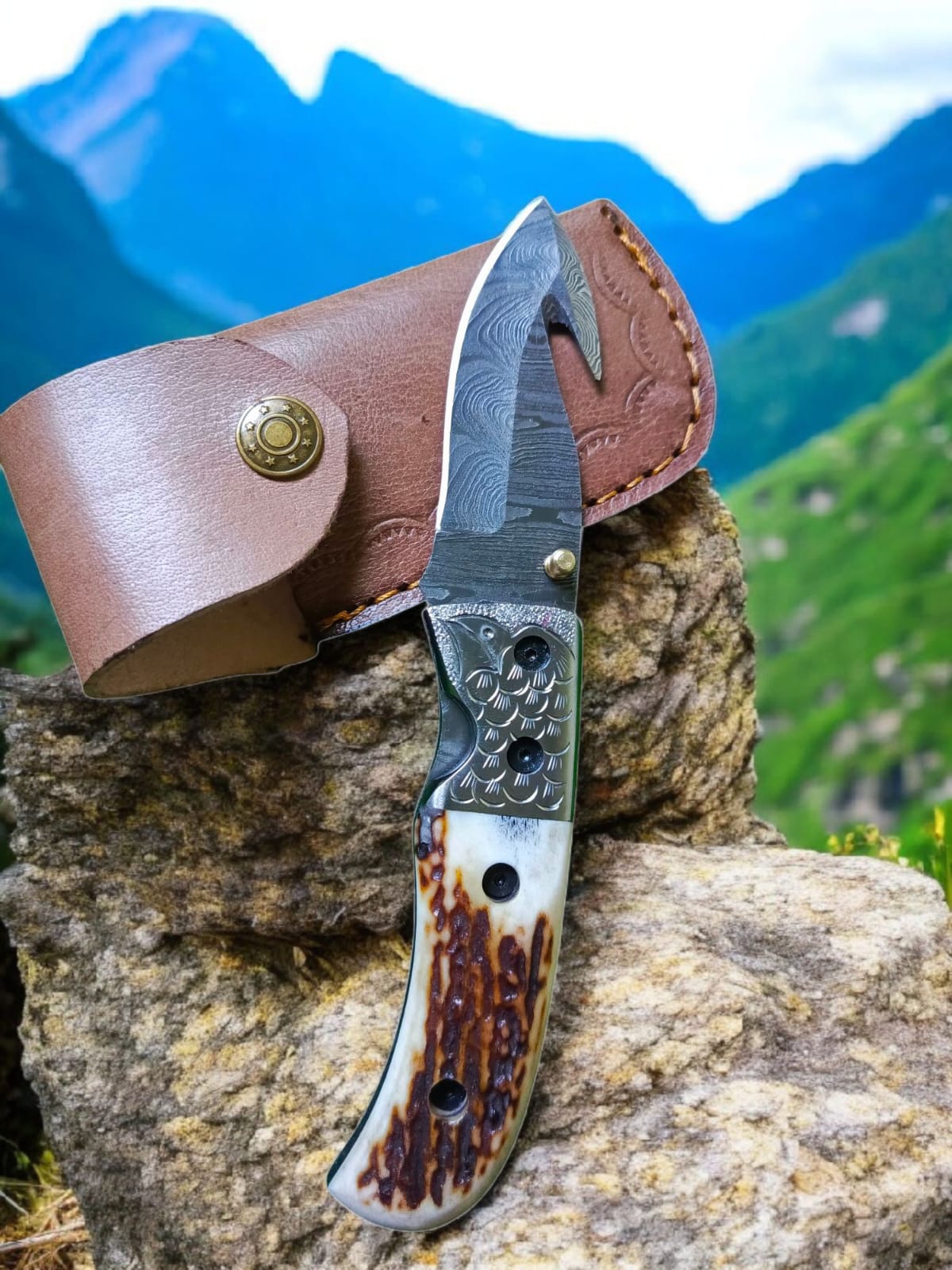 damascus gut hook folding knife with antler handle | engraved hunting & pocket edc blade