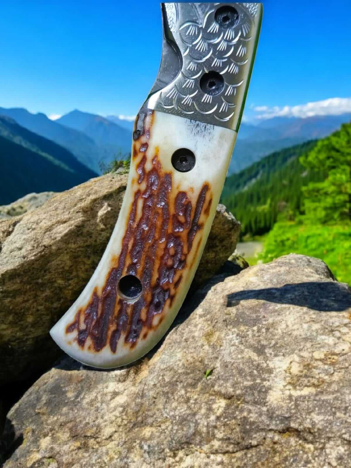 damascus gut hook folding knife with antler handle | engraved hunting & pocket edc blade