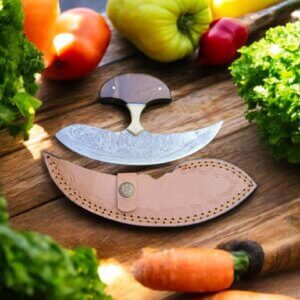 hand forged damascus ulu knife with rosewood & bone handle | premium kitchen chopper