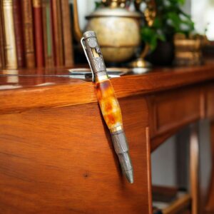 luxury damascus steel pen with stabilized wood & engraved metal | premium collector's writing instrument