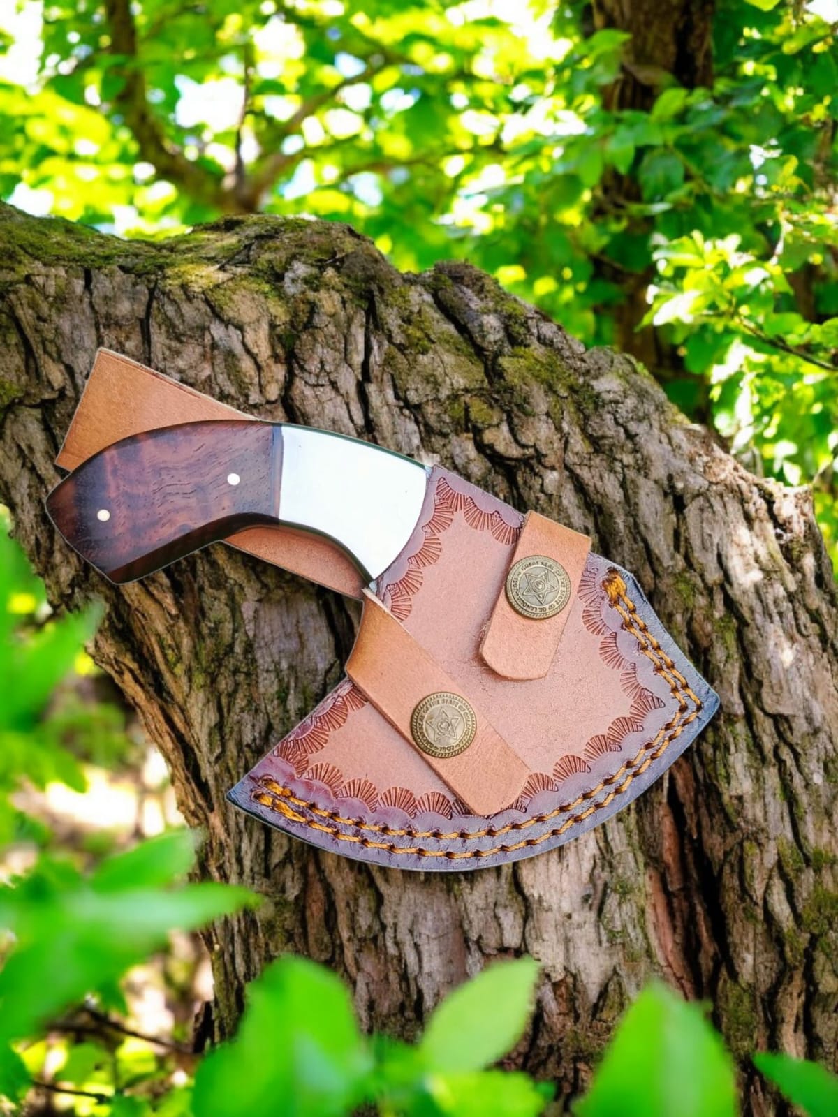 2 pieces hand forged damascus ulu knife with curved wood handle | mezzaluna chopper & leather sheath