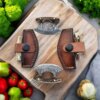 pack of 4: miniature damascus ulu knives with antler handle | 3 inch collector's set & leather covers